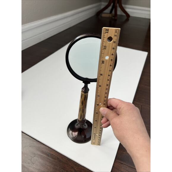 Vintage Magnifying Glass Free Standing Desktop Metal & CARVED Handle 11.5" - Picture 2 of 9